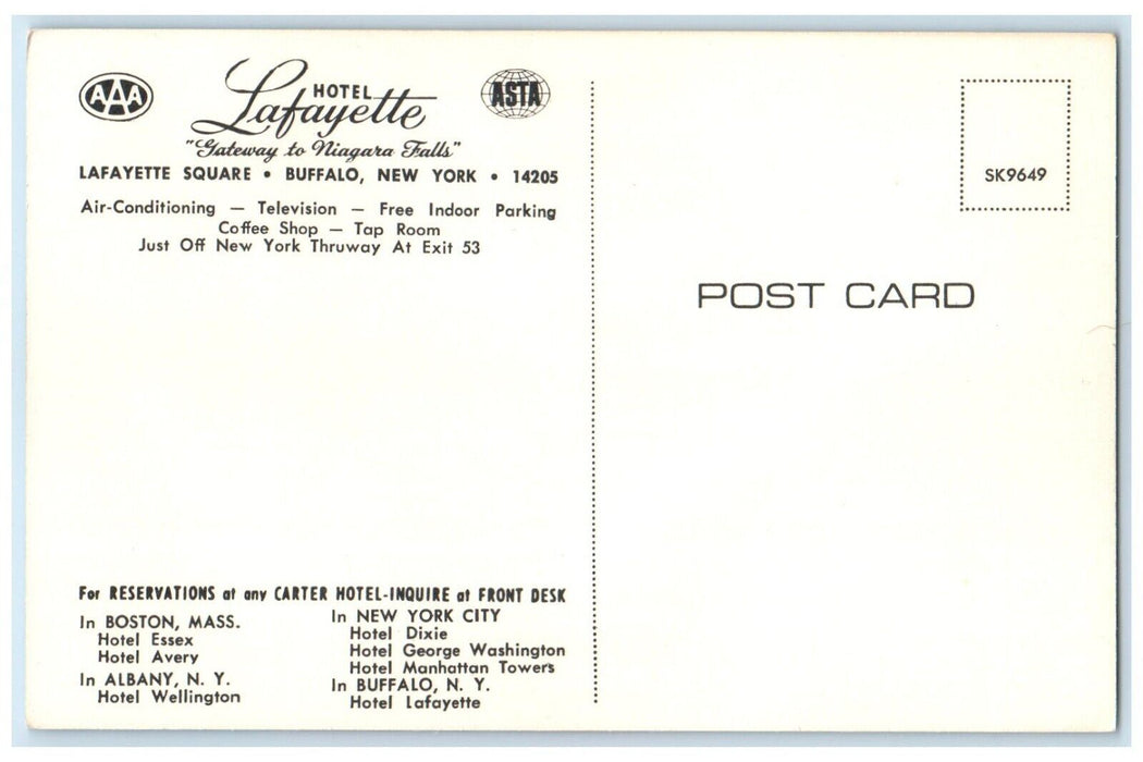 c1960's Hotel Lafayette Building Cars Street View Buffalo New York NY Postcard