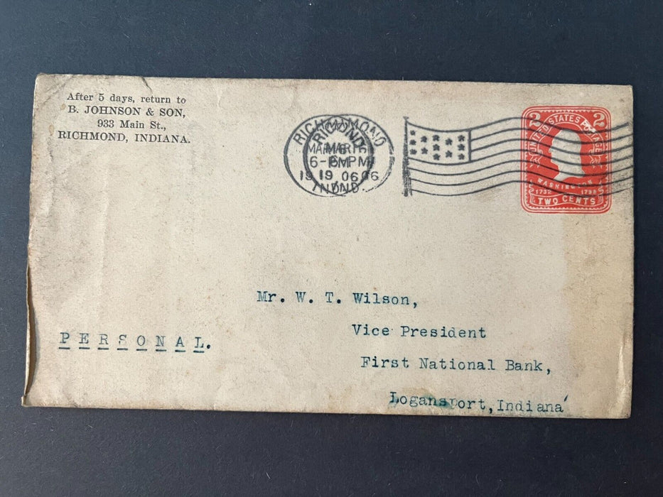1906 B. Johnson & Son Richmond Indiana Logansport First National Bank 2 Cent
