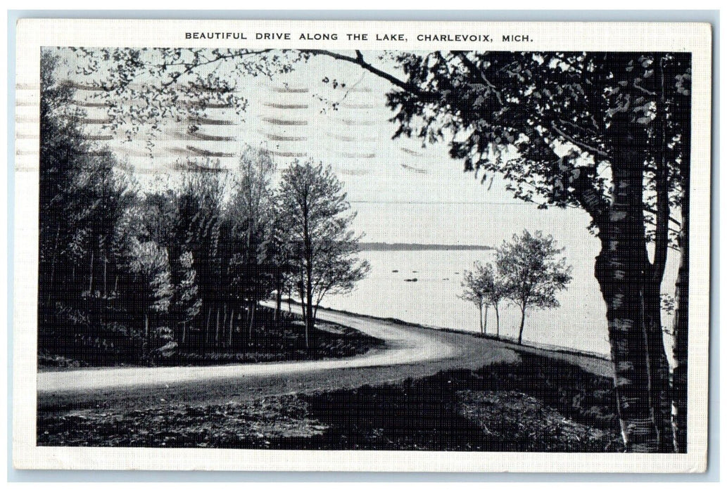 1936 Beautiful Drive Along Lake Road Trees Charlevoix Michigan Vintage Postcard