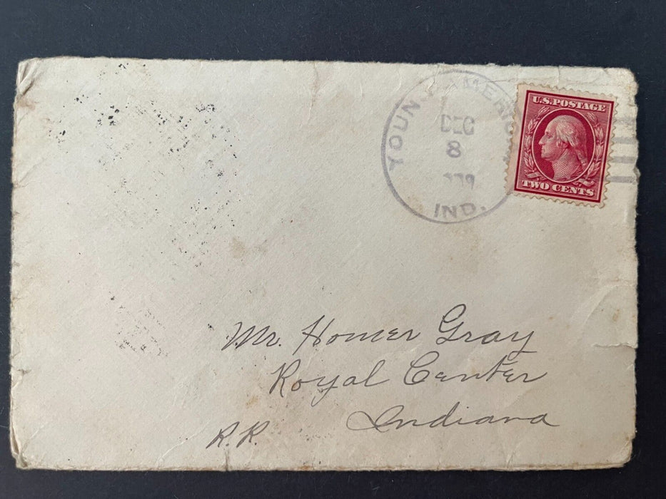 1909 Mr. Gray Young America Indiana Royal Center Calveston Doane Cancel 2 Cent