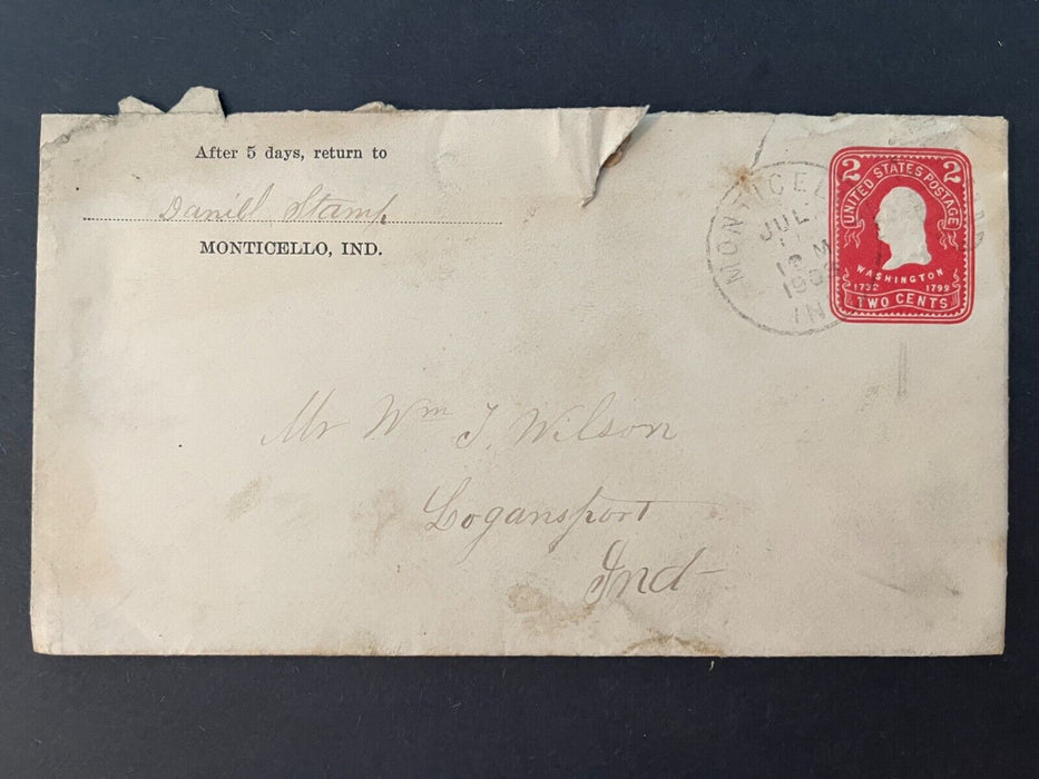 1903 Daniel Stamp Monticello Indiana To Logansport Doane Cancel 2 Cent Cover