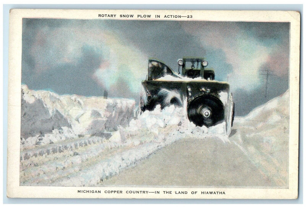 c1920 Rotary Snow Plow Action Michigan Copper County Land Hiawatha MI Postcard