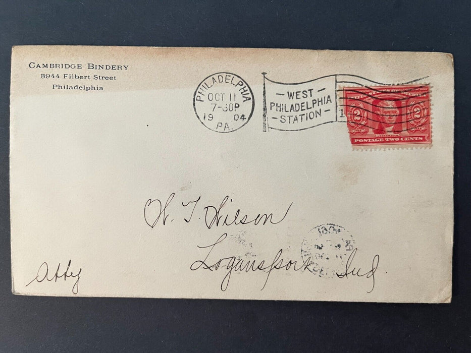 1904 Cambridge Bindery Philadelphia PA Logansport IN Flag Cancel 2 Cent Cover