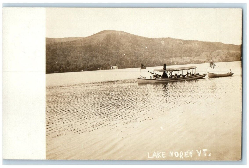 c1910's Steamboat Rowboat Mountain Vie Lake Morey VT RPPC Photo Postcard