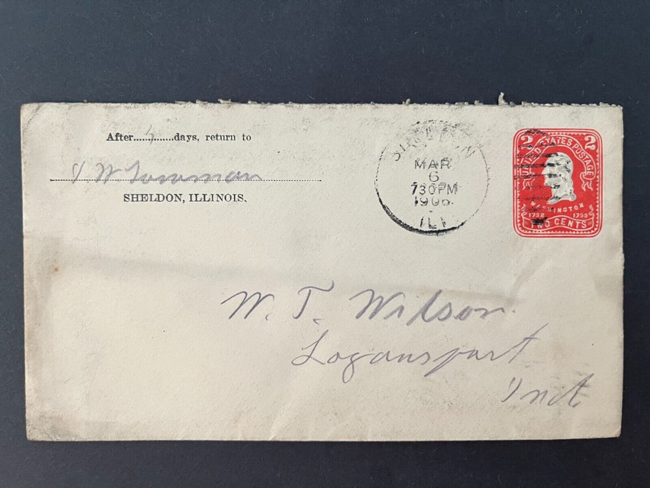 1906 Sheldon Illinois Logansport IN Flag Cancel 2 Cent Cover