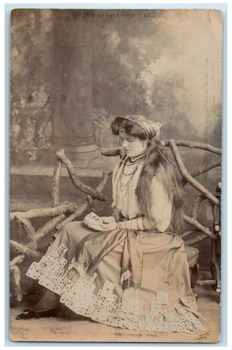 c1910's Gypsy Woman Fortune Teller Gambling Dress England UK RPPC Photo Postcard