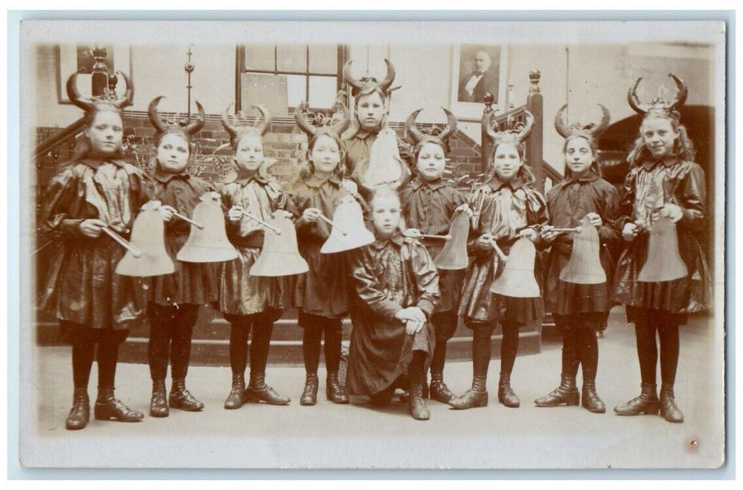 c1920's Girls Play Devil Horns Surreal Fantasy England UK RPPC Photo Postcard