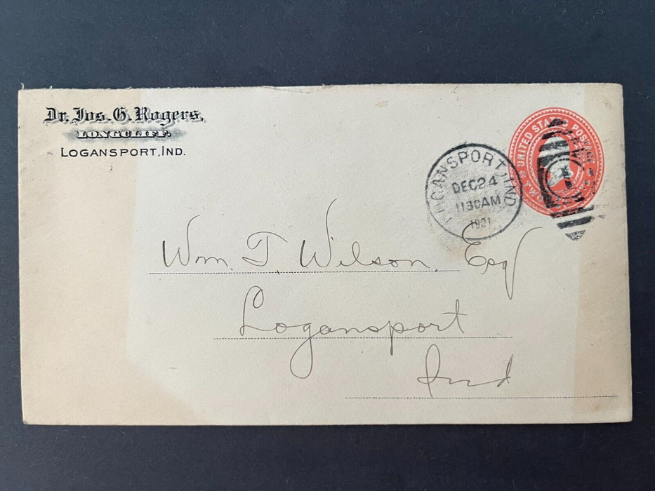 1901 Doctor Jos. G Rogers Logansport Indiana Duplex Cancel 2 Cent Cover