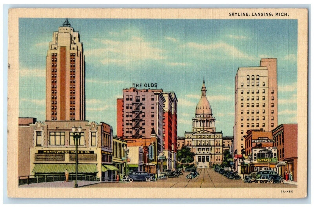 1942 Scenic View Main Street Buildings Skyline Lansing Michigan Vintage Postcard