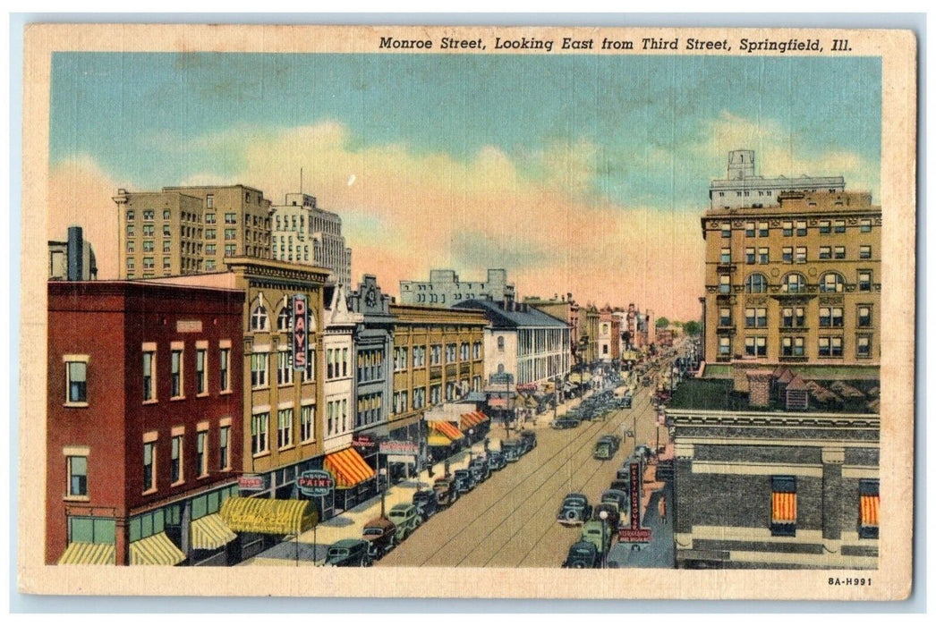 c1940 Monroe Street Looking East Third Street Springfield Illinois IL Postcard