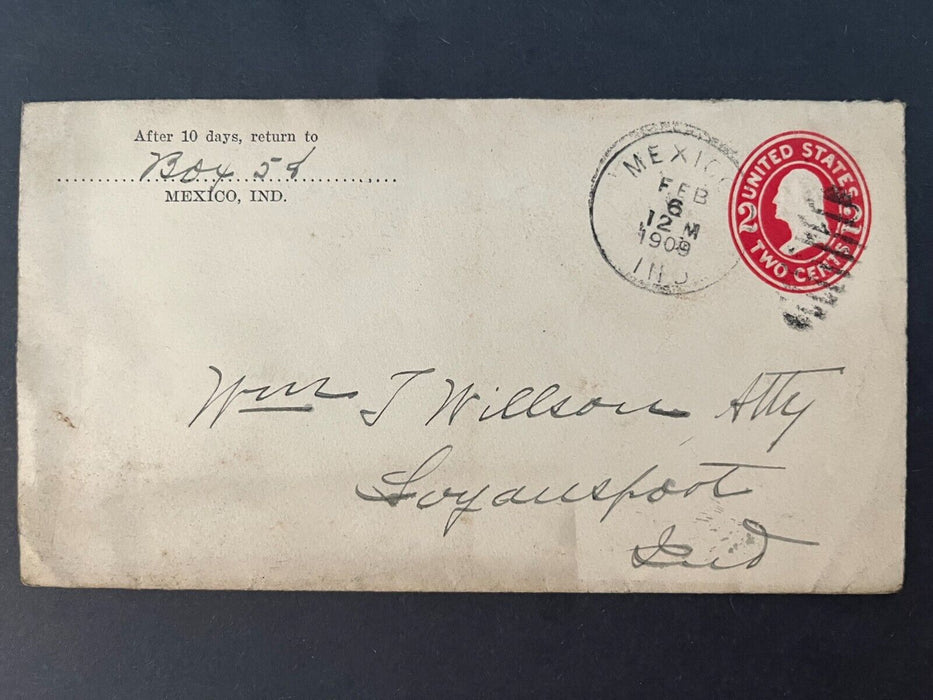 1909 Box 58 Mexico Indiana Logansport Duplex Cancel 2 Cent Cover