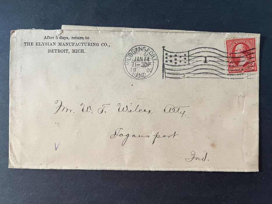 1902 The Elysian Manufacturing Co. Detroit Michigan Logansport Flag Cancel Cover