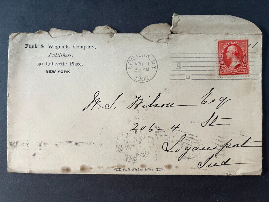 1902 Funk & Wagnalls Company Lafayette New York Logansport Flag Cancel Cover