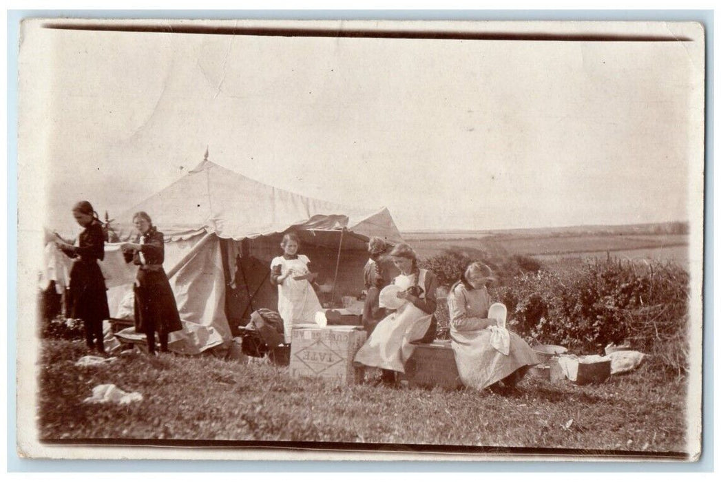 c1910's Girls Washing Dinner Dishes Camp Tent Bath England RPPC Photo Postcard