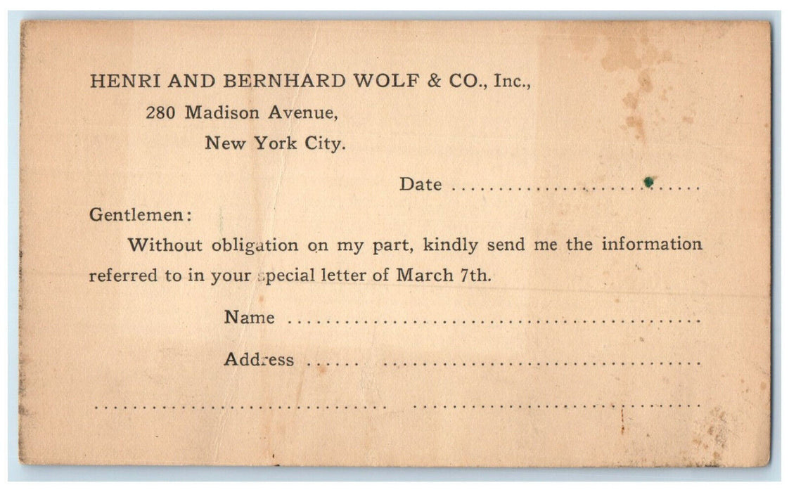 c1880's Henri and Bernhard Wolf & Co. New York City NY Send Info Postal Card