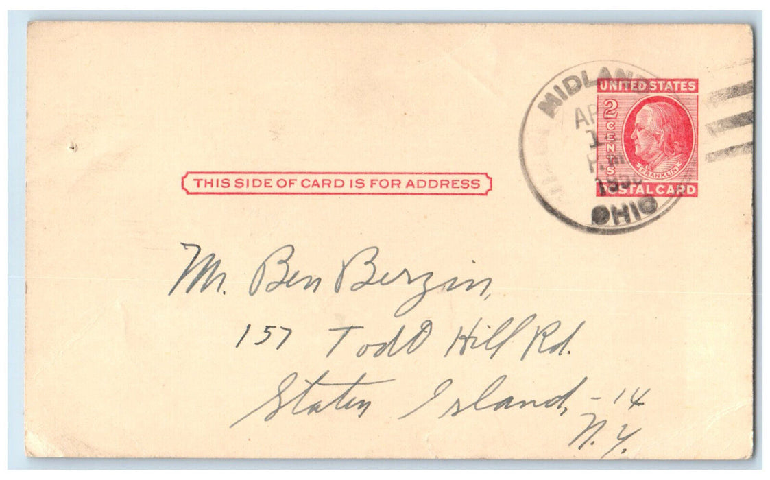 c1950's Order Mr. Ben Bergin Midland Ohio OH Staten Island NY Postal Card