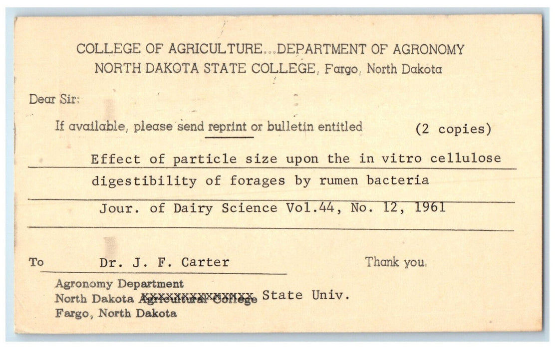 1962 Dept. off Agronomy North Dakota State College Fargo ND Postal Card