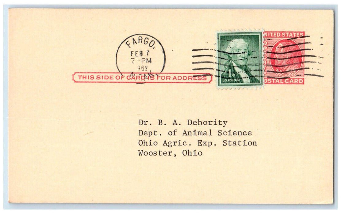 1962 Dept. off Agronomy North Dakota State College Fargo ND Postal Card