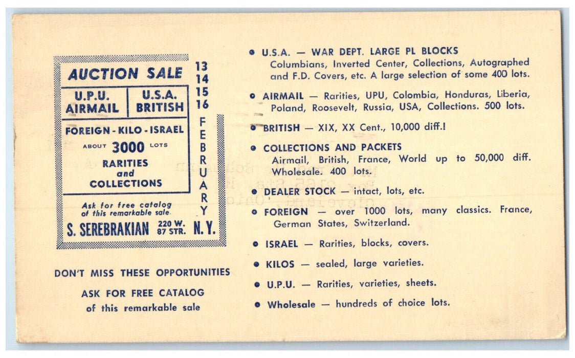 1952 S Serebrakian 300 Lots Rarities Selling New York City NY Postal Card