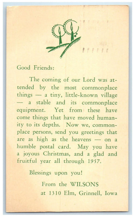 1956 Christmas Greeting from the Wilsons Grinnell Iowa IA Postal Card