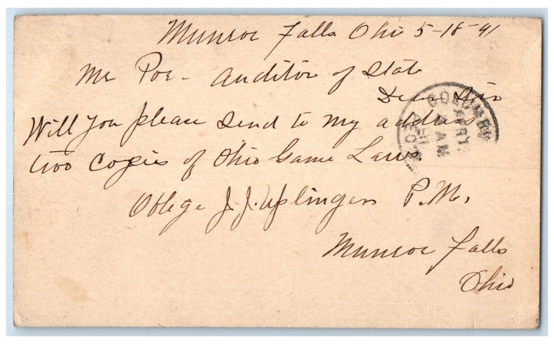 1891 Mr. Poe Auditor of State Monroe Falls Ohio OH Antique Postal Card