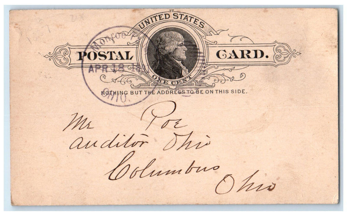 1891 Mr. Poe Auditor of State Monroe Falls Ohio OH Antique Postal Card