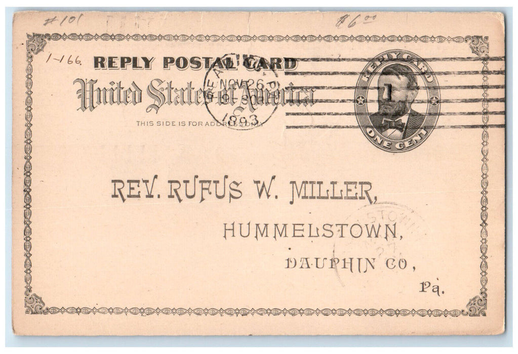 1893 Rev Rufus W. Miller Hummelstown Dauphin Co. PA Antique Postal Card