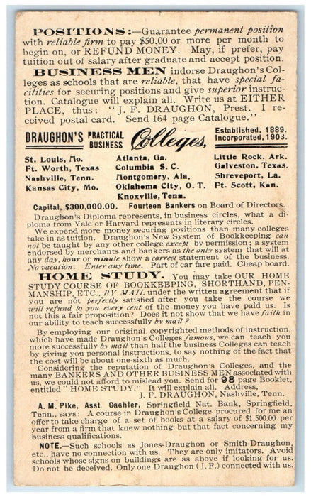 1904 Draughon's Practical Business Colleges St. Louis Mercer MO Postal Card