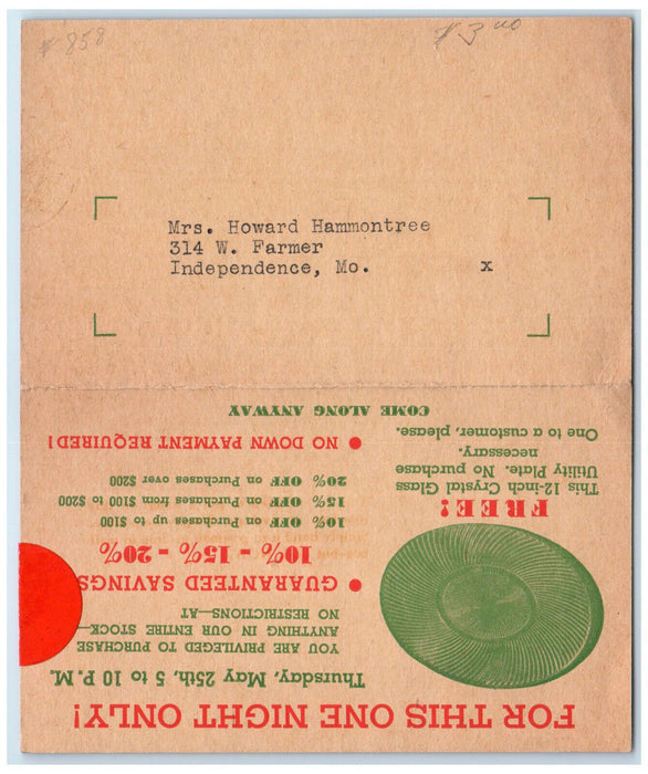 c1950's Old Customer Night Guest Card Mehornay's Kansas City MO Postal Card