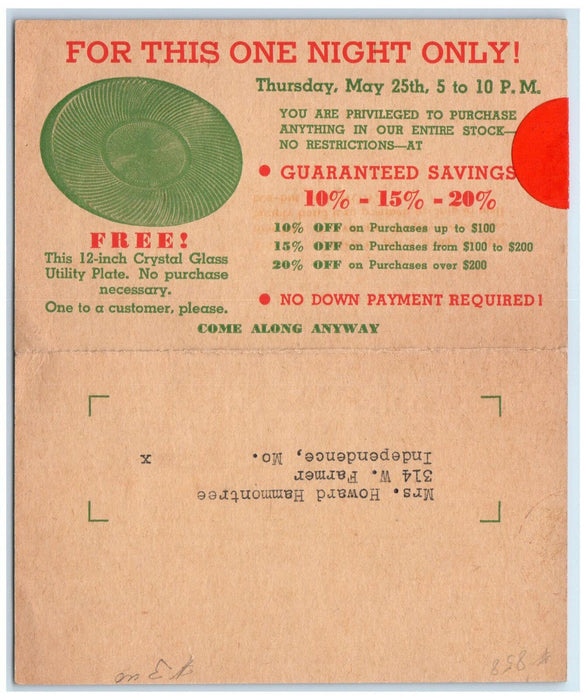 c1950's Old Customer Night Guest Card Mehornay's Kansas City MO Postal Card