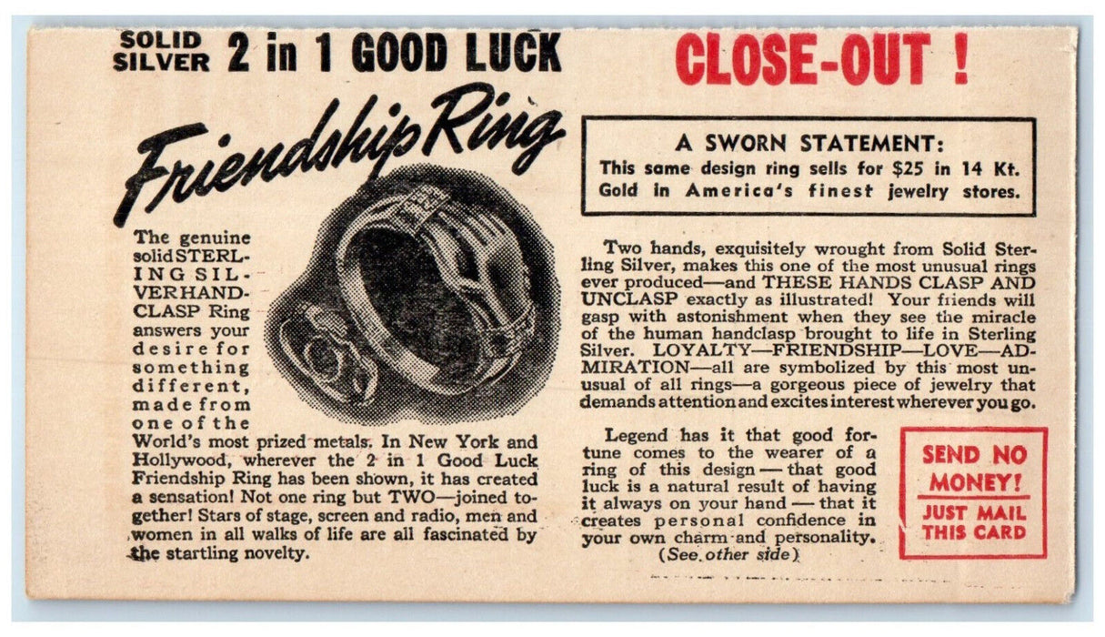 c1940's 2 in 1 Good Luck Friendship Ring Niresk Jewelers IL Postal Card