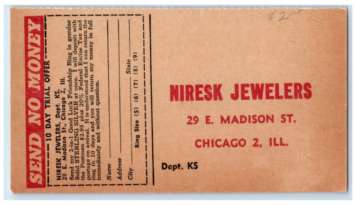 c1940's 2 in 1 Good Luck Friendship Ring Niresk Jewelers IL Postal Card