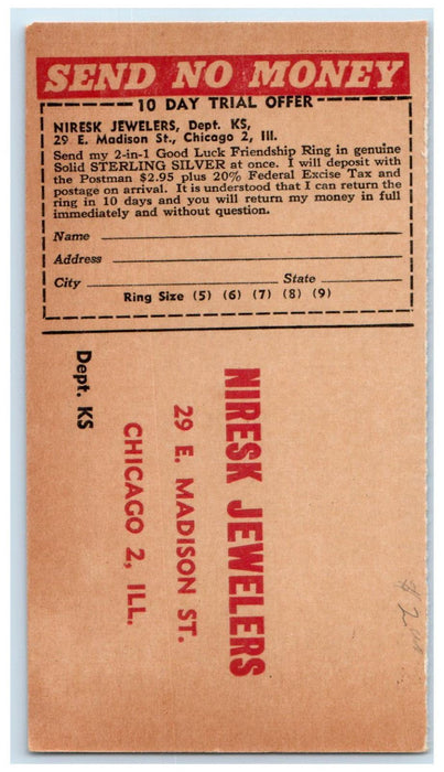 c1940's 2 in 1 Good Luck Friendship Ring Niresk Jewelers IL Postal Card