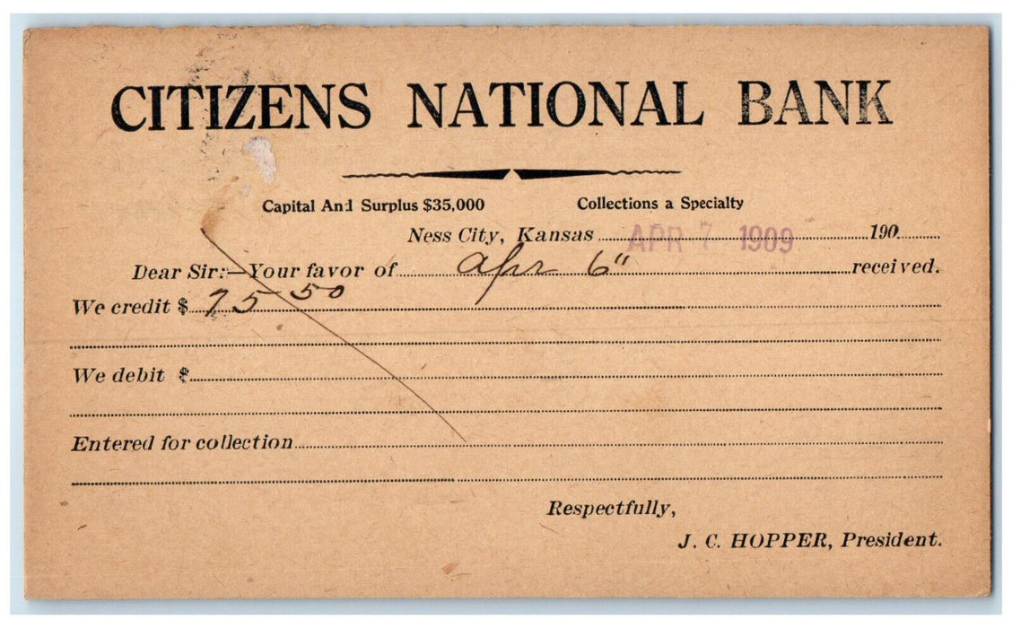 1909 Citizens National Bank Ness City Kansas KS Antique Postal Card