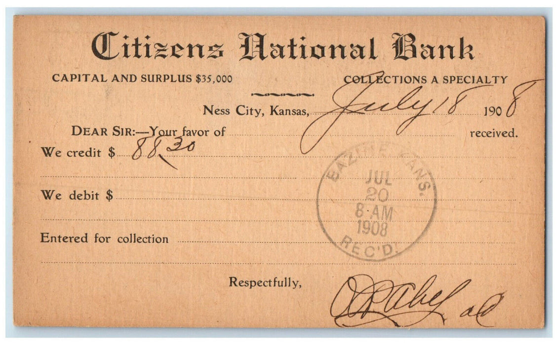 1908 Citizens National Bank Ness City Kansas KS Bazine KS Postal Card