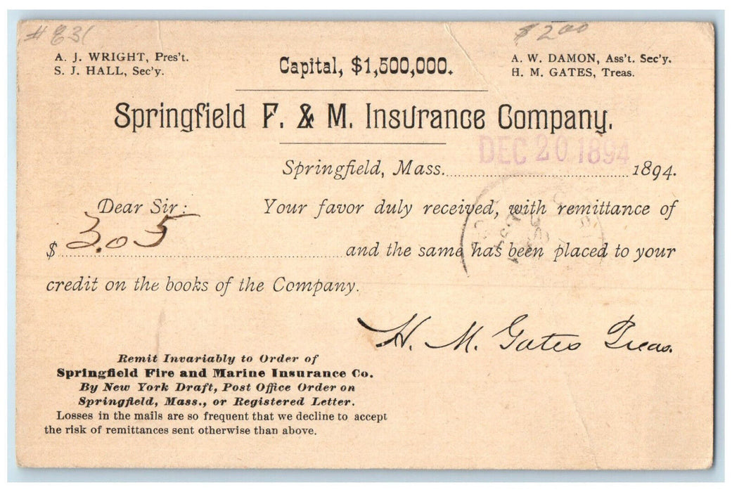 1894 Springfield F & M Insurance Company Springfield MA Antique Postal Card