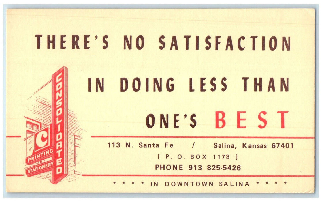 1972 Consolidated Printing Stationary Salina Kansas KS Vintage Postal Card