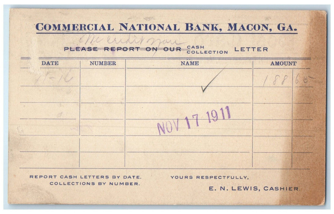 1911 Commercial National Bank Macon Georgia GA Posted Antique Postal Card