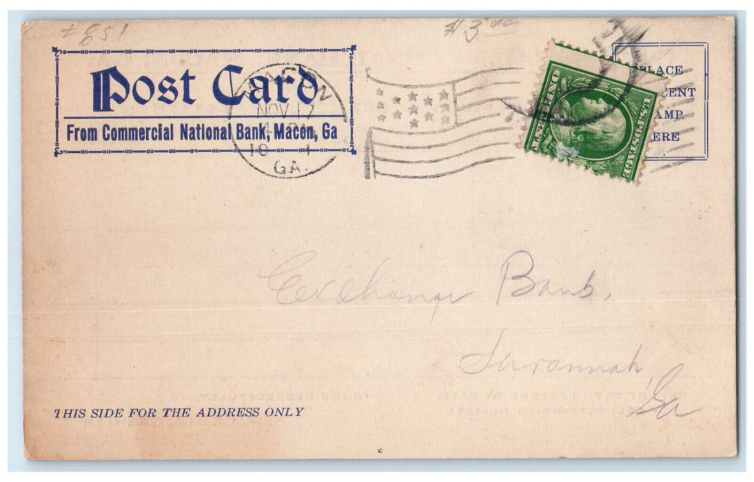 1911 Commercial National Bank Macon Georgia GA Posted Antique Postal Card