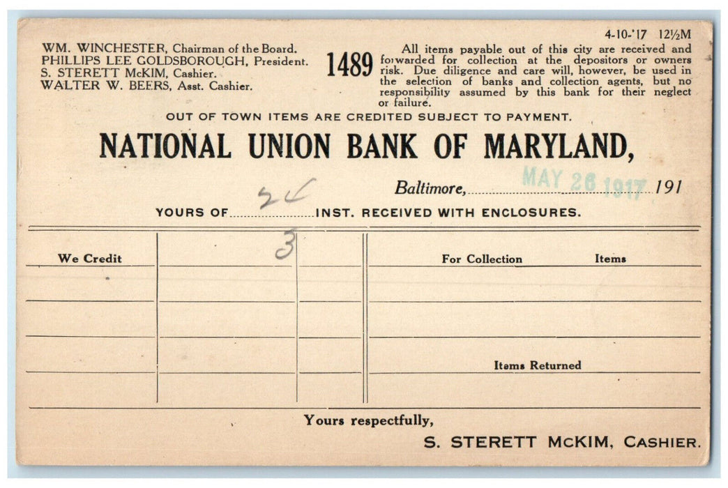 1917 National Union Bank of Maryland Baltimore MD Savannah GA Postal Card