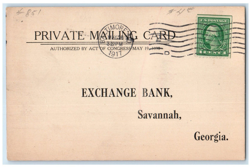 1917 National Union Bank of Maryland Baltimore MD Savannah GA Postal Card