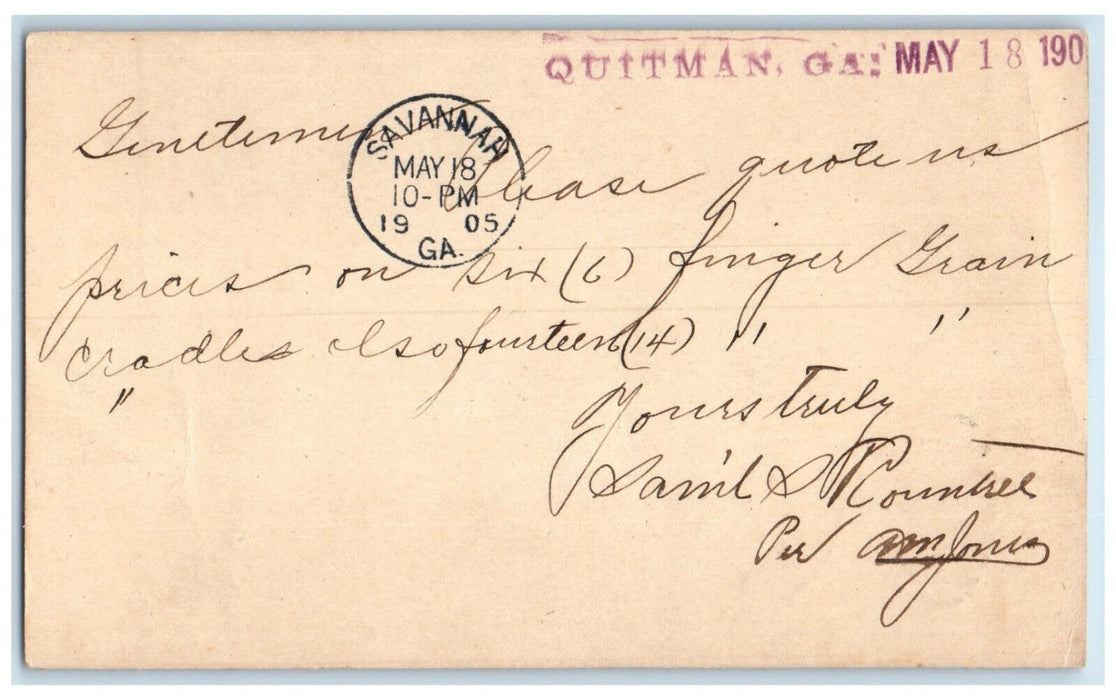 1905 Finger Grain Cradles Order Savannah Georgia GA Quitman GA Postal Card