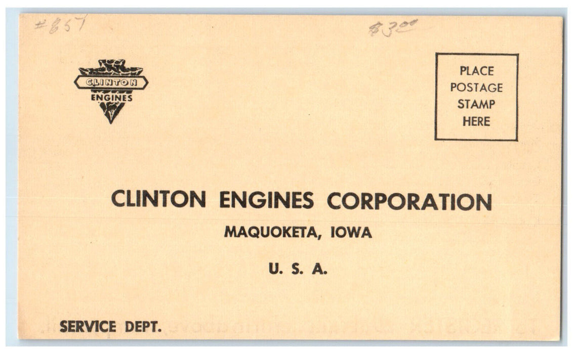 c1940's Engine Warranty Registration Clinton Engines Maquoketa IA Postal Card