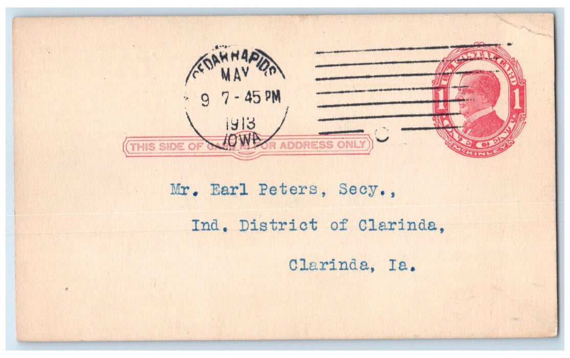 1913 Ind. School District Clarinda IA Cedar Rapids IA Antique Postal Card