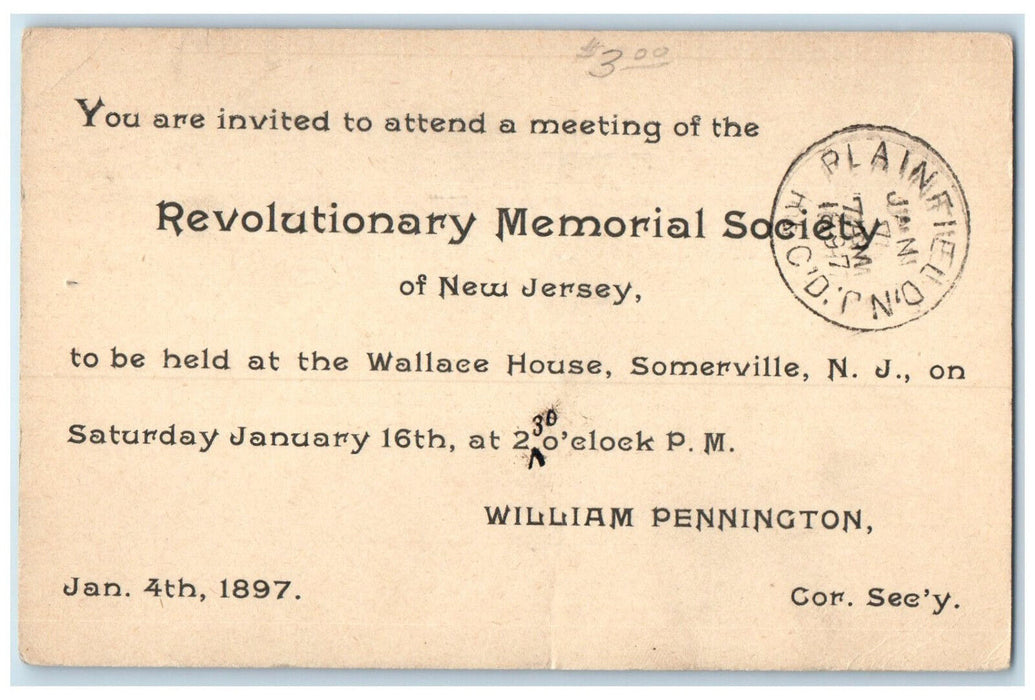 1897 Meeting Revolutionary Memorial Society Somerville NJ Plainfield Postal Card