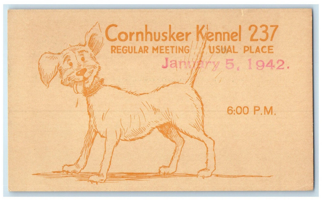 1942 Cornhuskar Kennel 237 Regular Meeting Lincoln Nebraska NE Postal Card