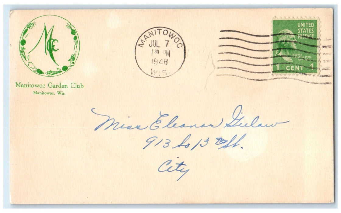 1948 Manitowoc Garden Club Garden Tour and Picnic Wisconsin WI Postal Card