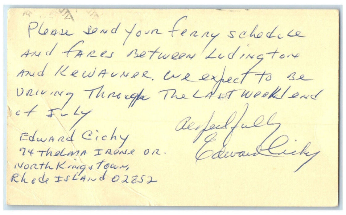 c1930's Steamer Fares Ferry Schedule North Kingstown RI Postal Card