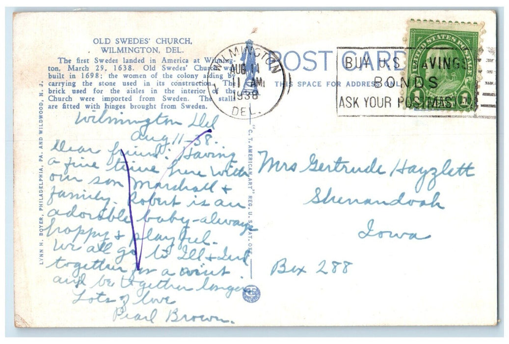 1938 Old Swedes Church Building Cemetery Wilmington Delaware DE Vintage Postcard