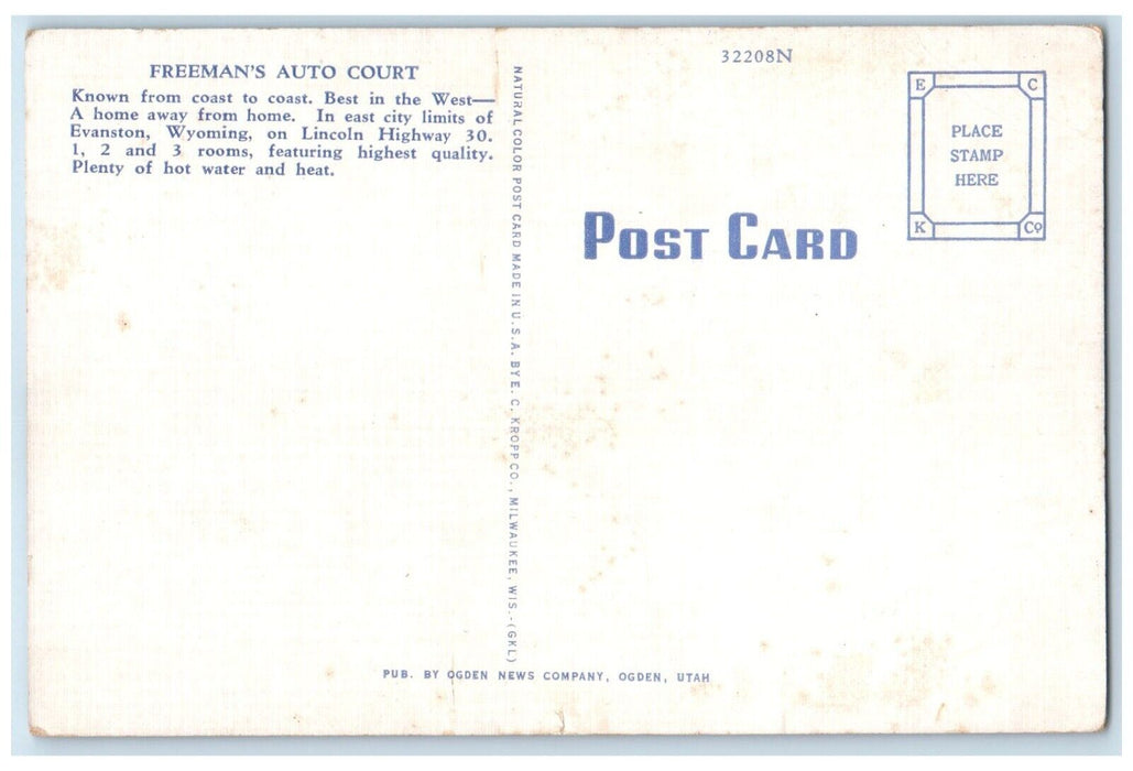 c1940 Freeman's Auto Court Lincoln Highway Evanston Wyoming WY Vintage Postcard